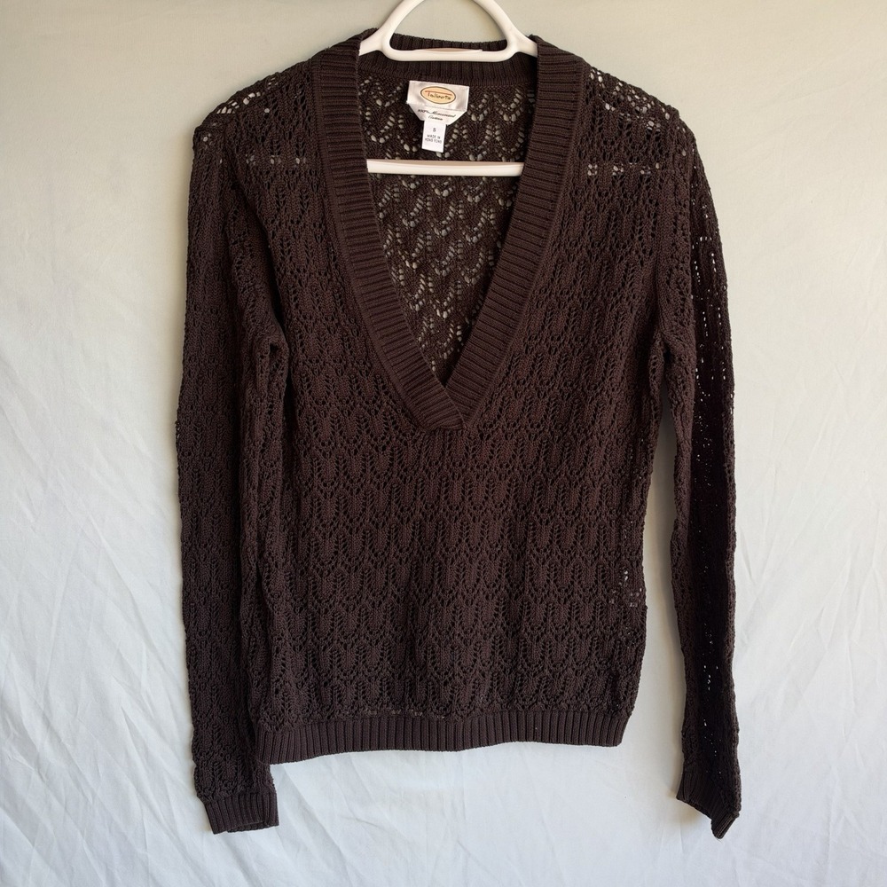 Talbots Women's S Brown Espresso Open Knit Sweater V-Neck Mercerized Cotton Boho